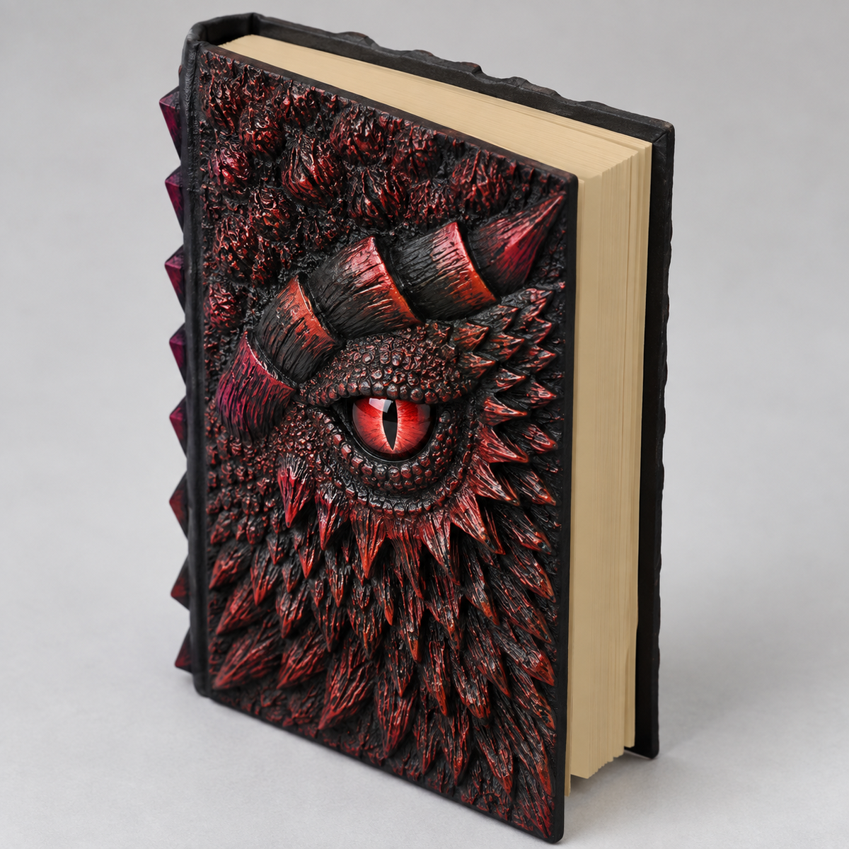 Red dragon eye journal with 3D embossed resin scales, horn and glowing red eye, A5 dragon notebook