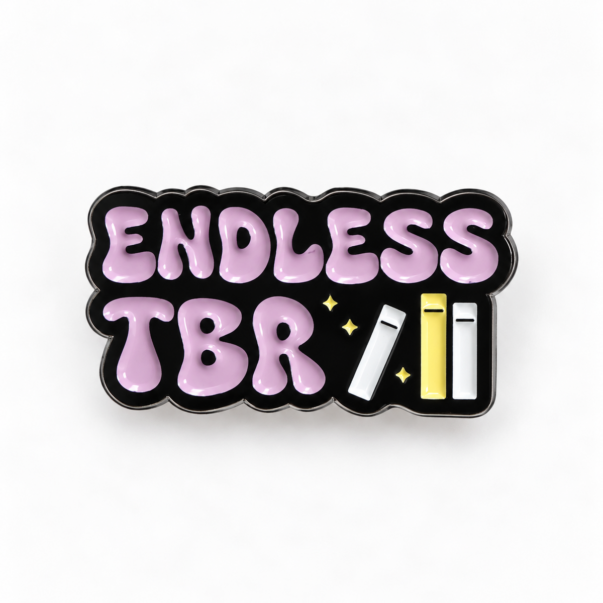 Endless TBR enamel pin with lilac bubble letters and a row of books, cute bookish pin