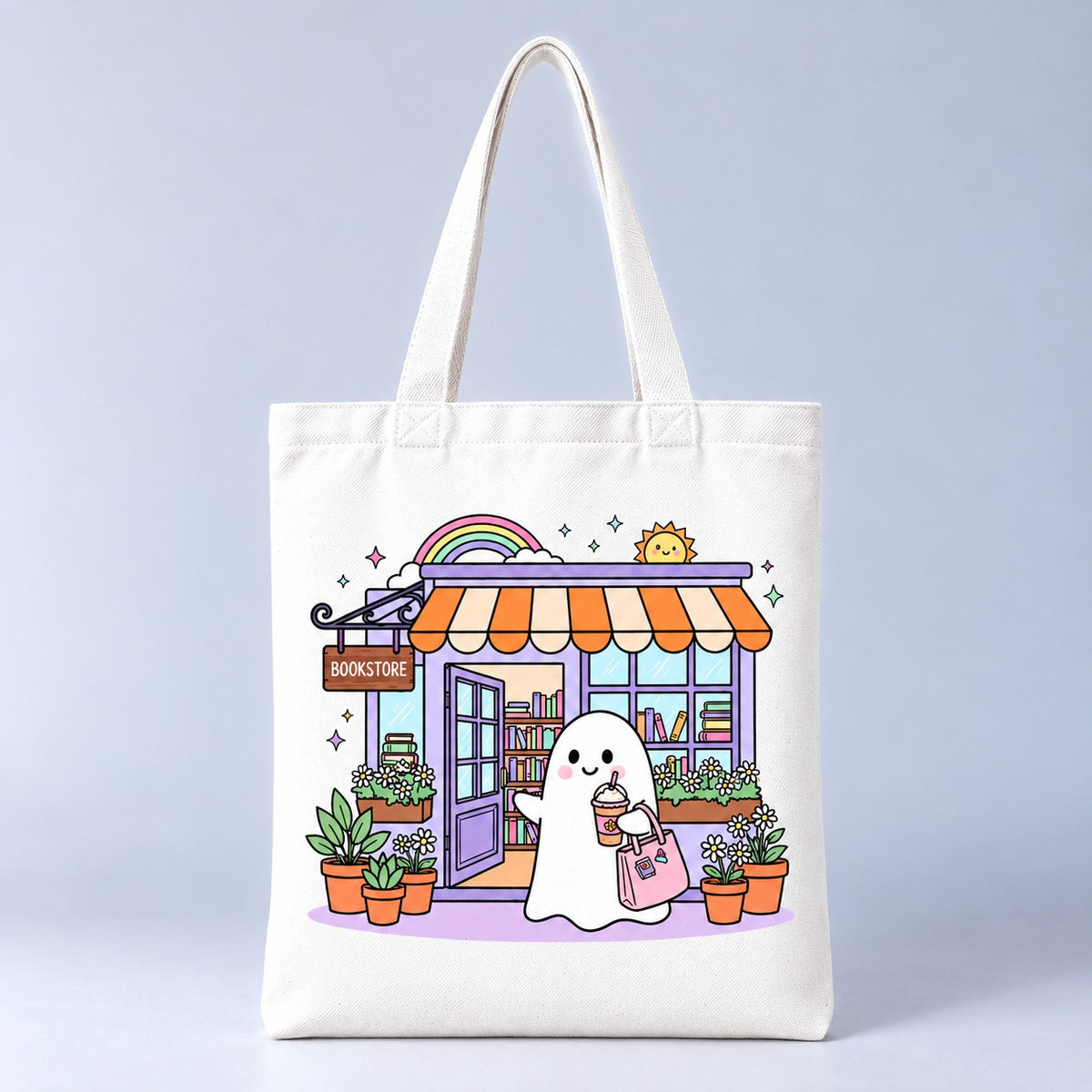 Ghost at the Bookstore Halloween tote bag, front view