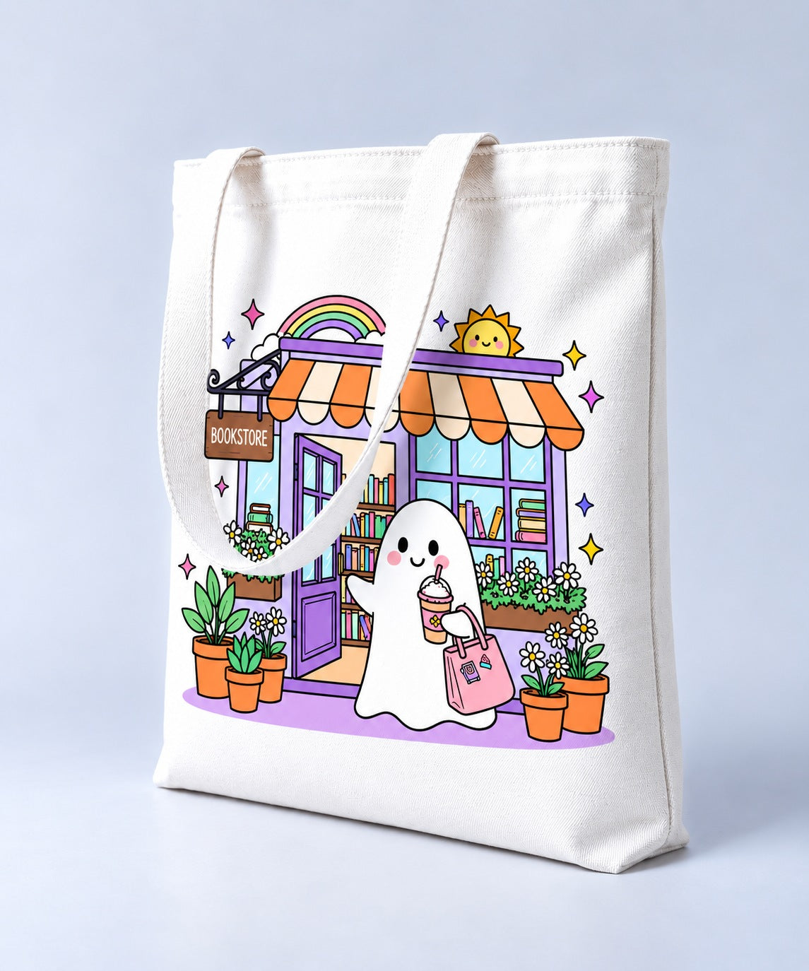 Ghost at the Bookstore Halloween tote bag, side angle