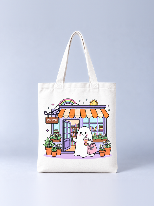 Ghost at the Bookstore Halloween tote bag, front view – cream canvas tote with a cute ghost holding an iced coffee outside a pastel bookstore print