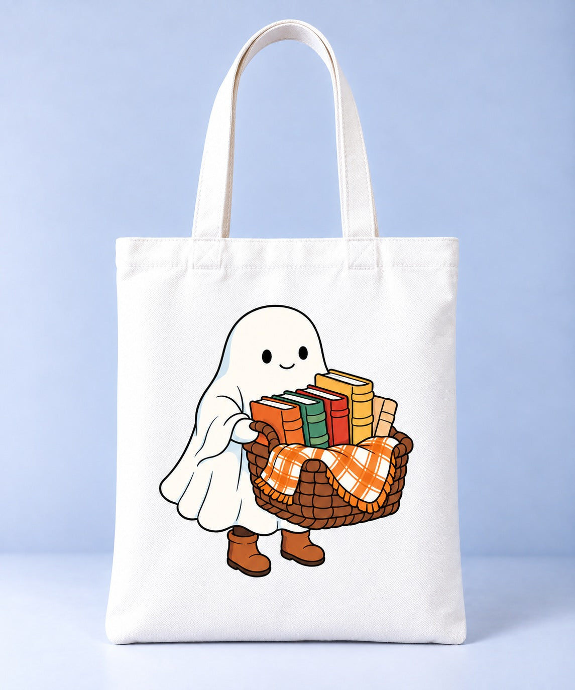 Ghost with a Basket of Books Halloween tote bag, front view