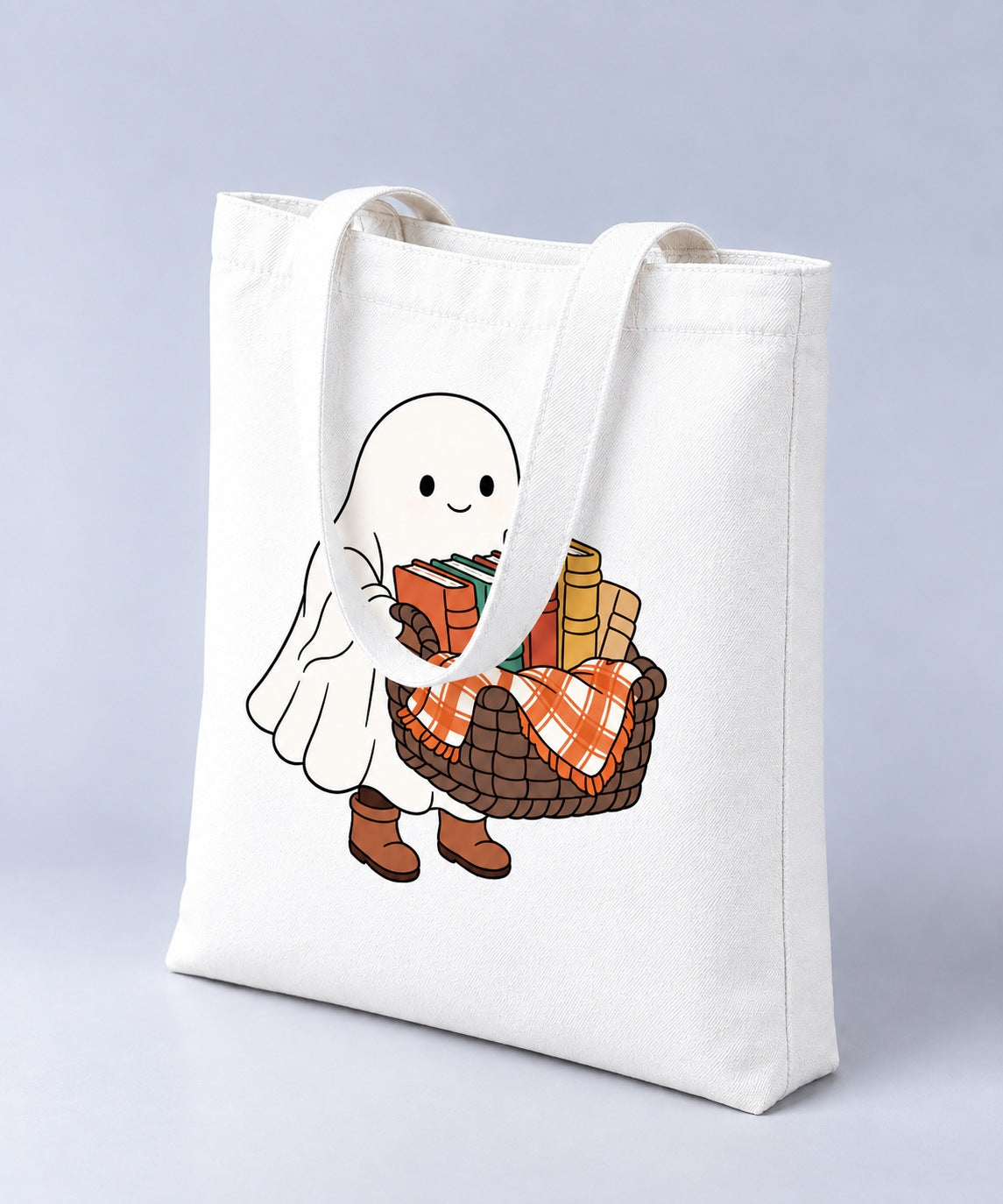 Ghost with a Basket of Books tote bag, side angle