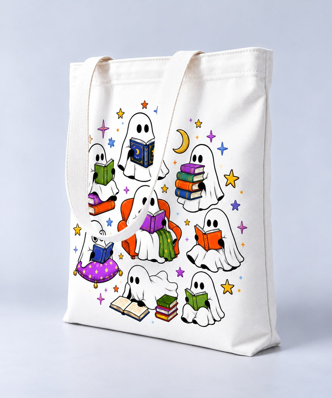 Ghost Book Club Halloween tote bag, side angle