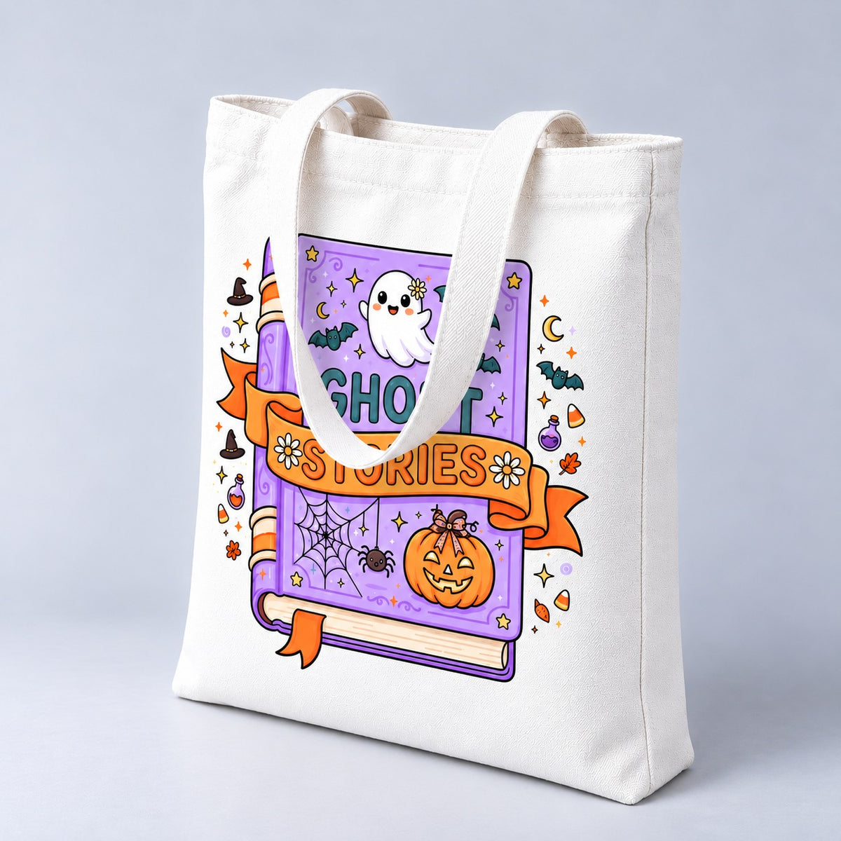 Ghost Stories Halloween tote bag, side angle
