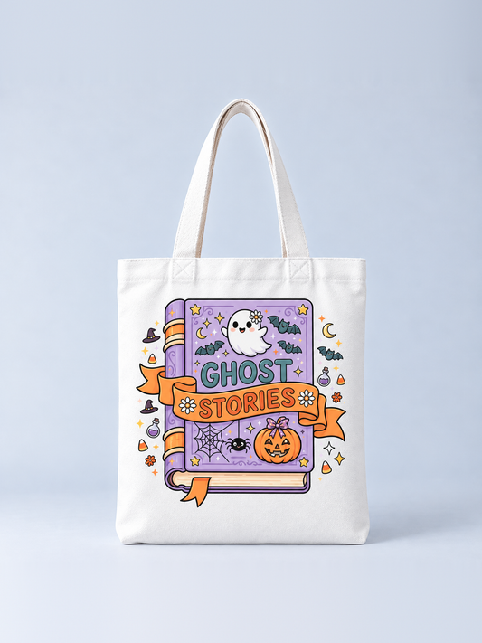 Ghost Stories Halloween tote bag, front view – cream canvas tote with a purple Ghost Stories book, cute ghost, bats and jack-o'-lantern print