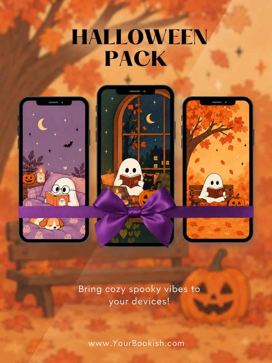Halloween Bookish Wallpapers pack: three phones showing cute ghosts reading books, cozy Halloween phone wallpapers by YourBookish