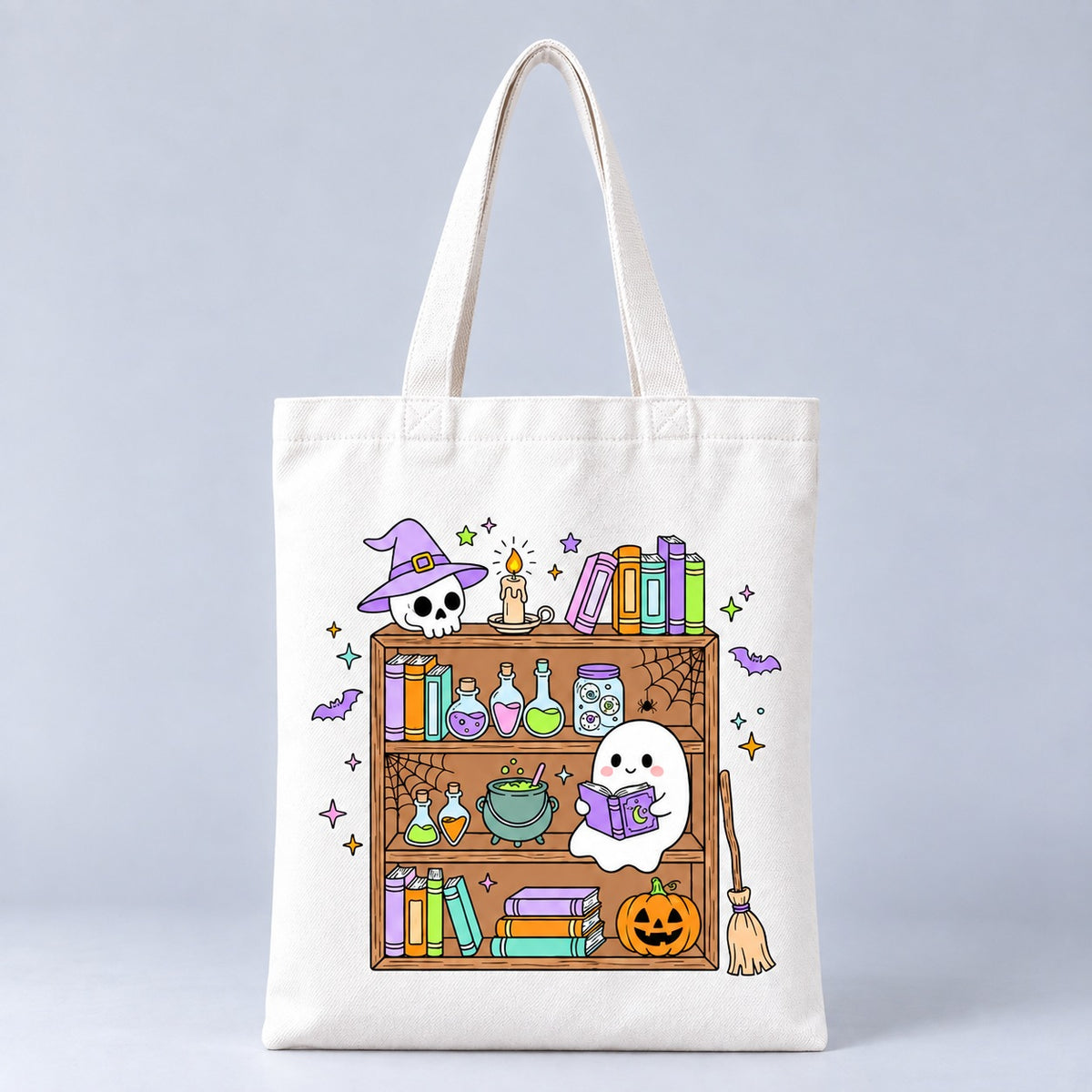 Haunted Bookshelf Halloween bookish tote bag, front view