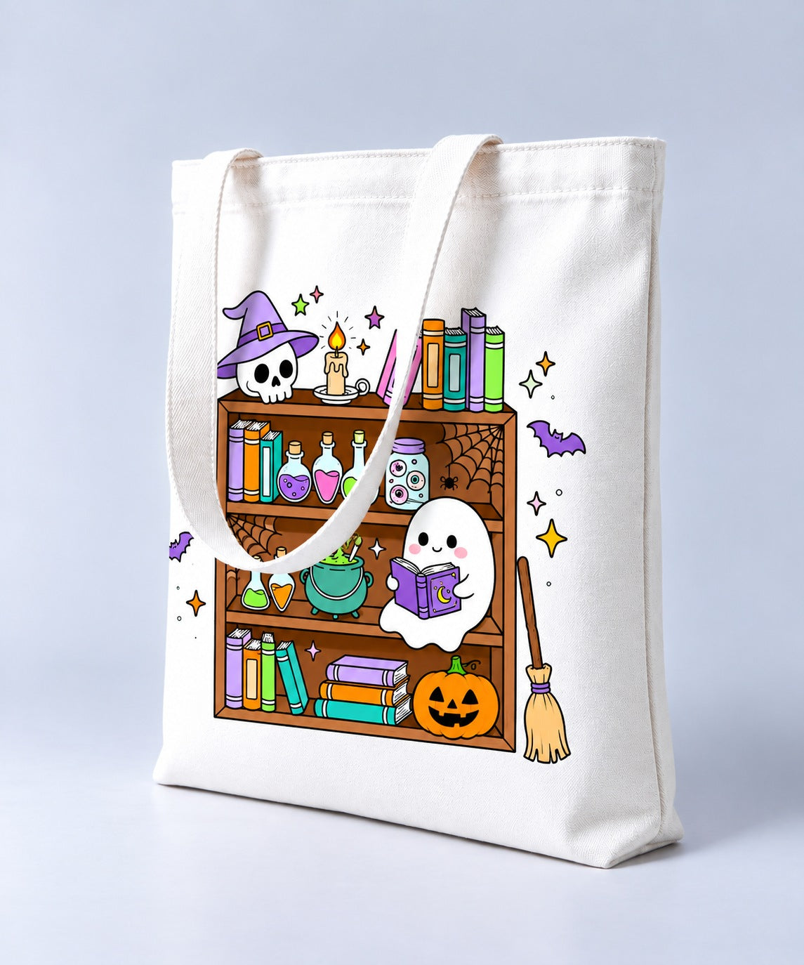 Haunted Bookshelf Halloween tote bag, side angle