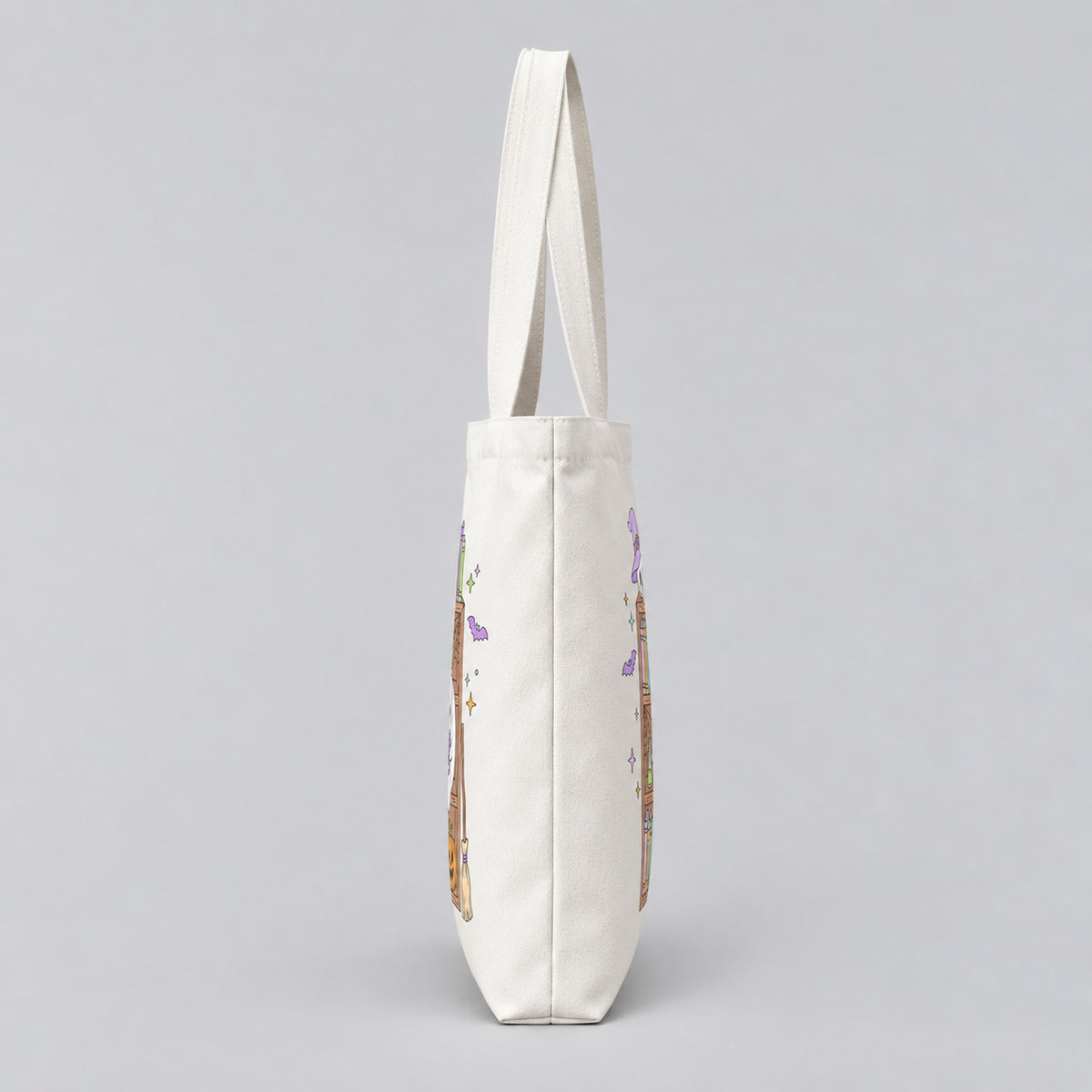 Haunted Bookshelf Halloween tote bag, side profile