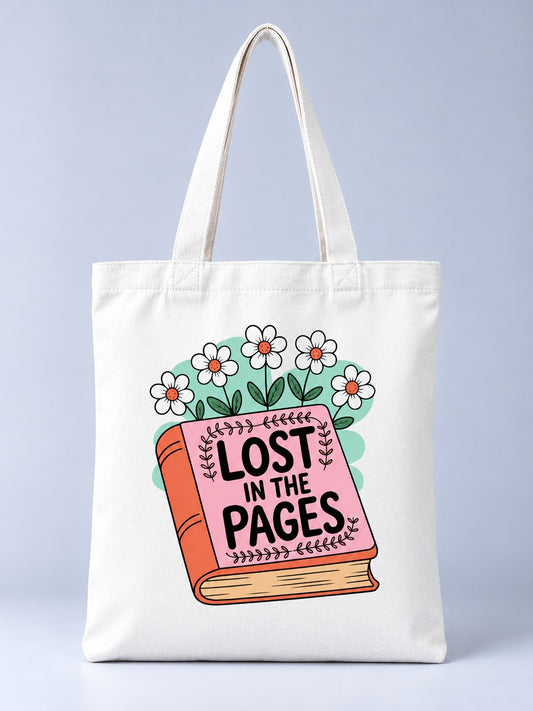Lost in the Pages tote bag, front view with pink book and white daisies print