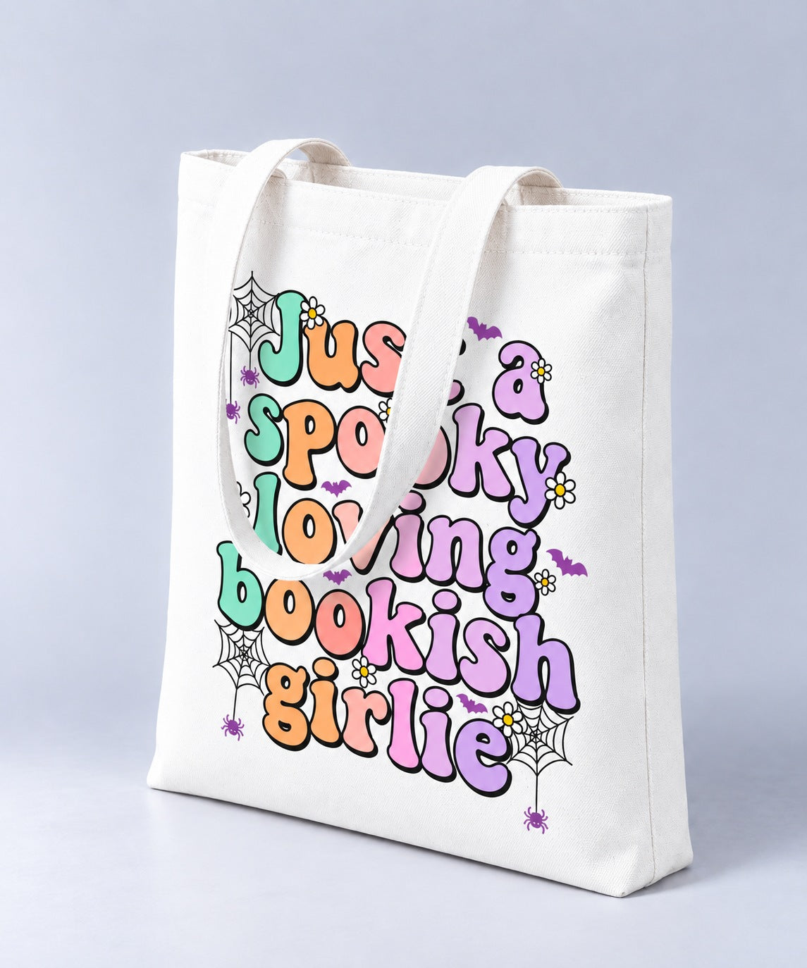 Spooky Bookish Girlie Halloween tote bag, side angle