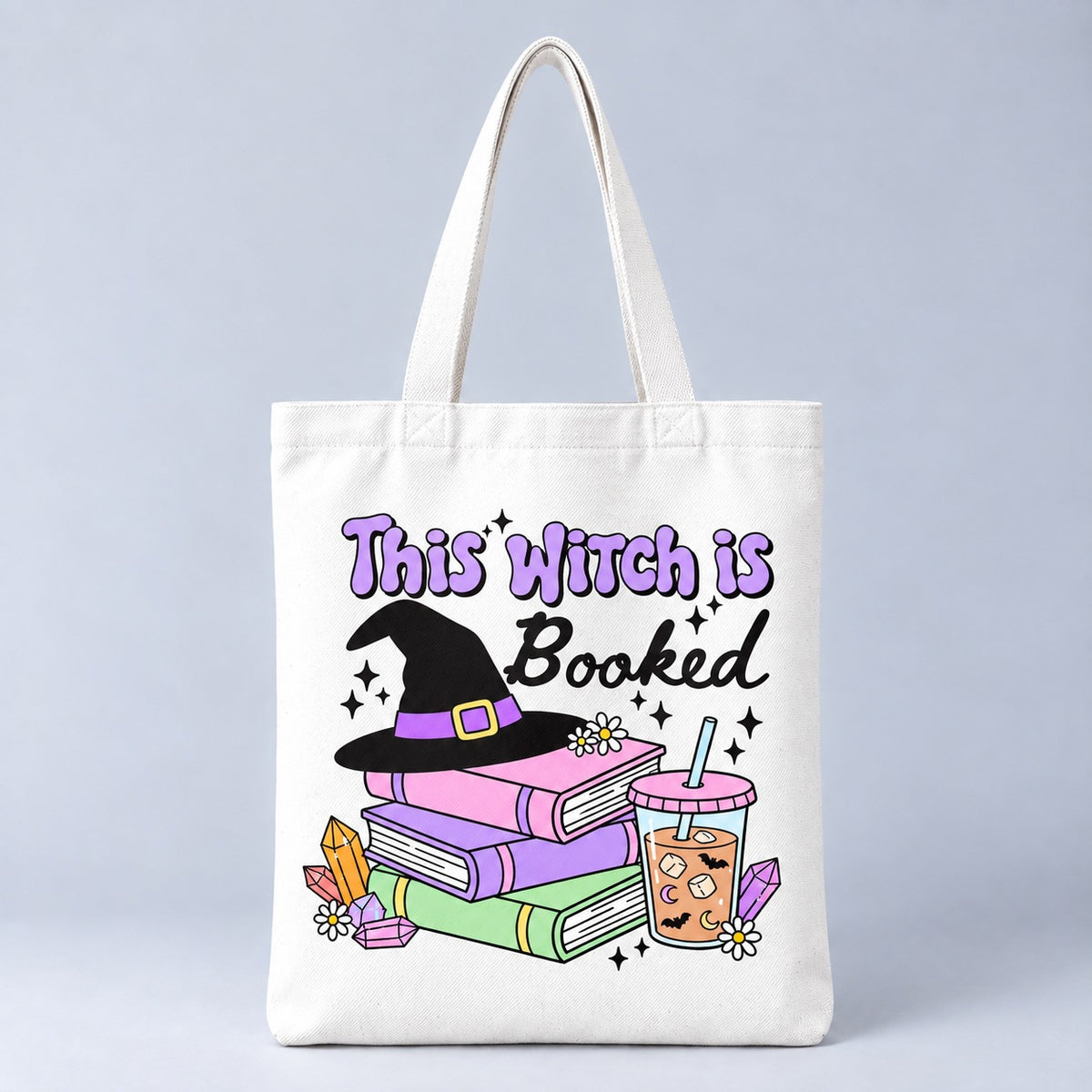 This Witch Is Booked Halloween tote bag, front view