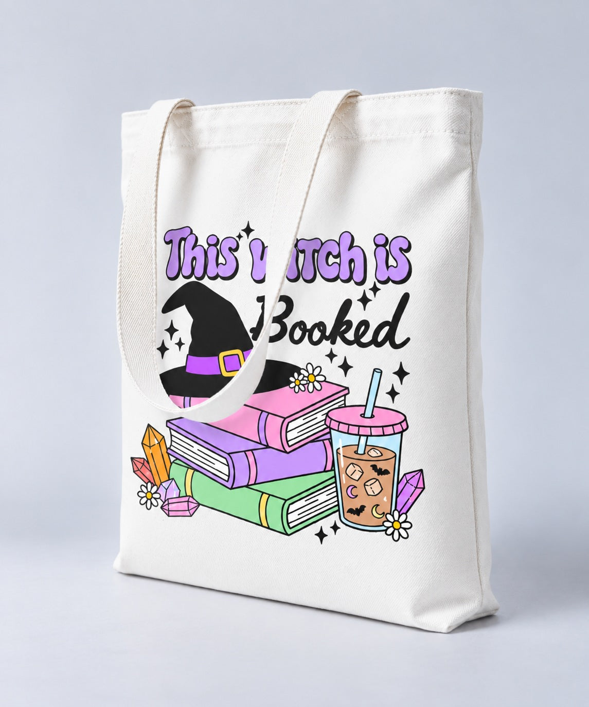This Witch Is Booked Halloween tote bag, side angle