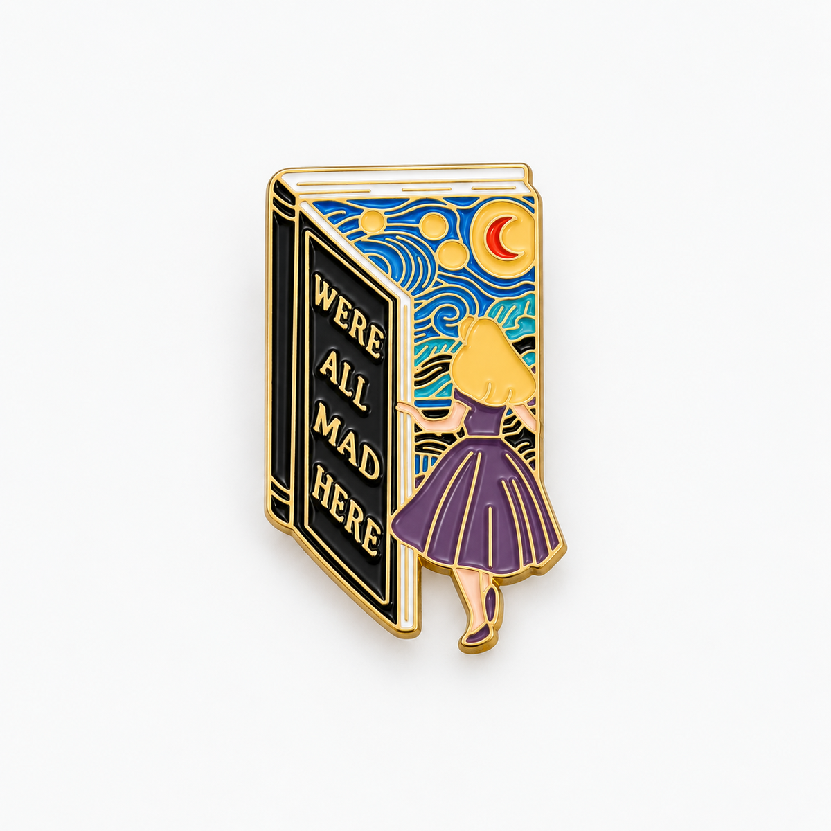 We're All Mad Here Alice in Wonderland enamel pin, girl at an open book with a starry night sky