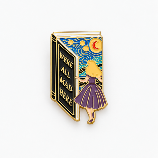 We're All Mad Here Alice in Wonderland enamel pin, girl at an open book with a starry night sky