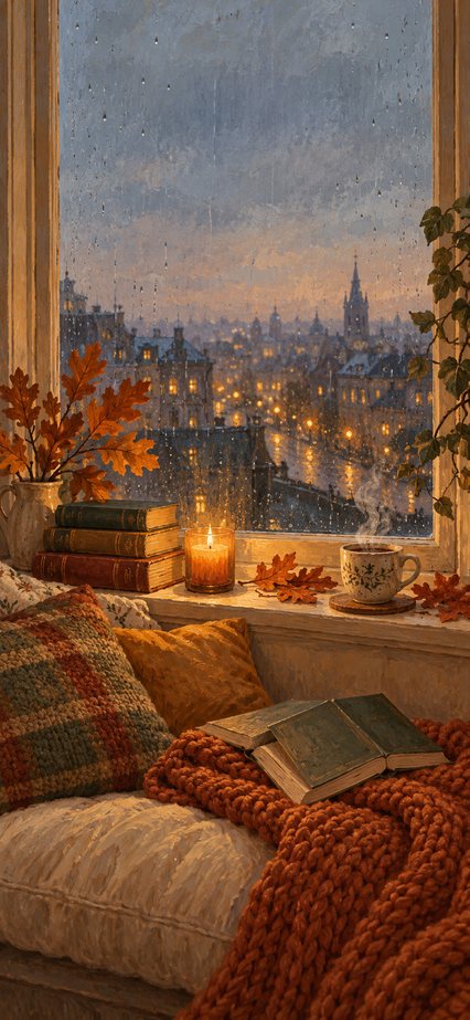 Rainy November reading nook wallpaper