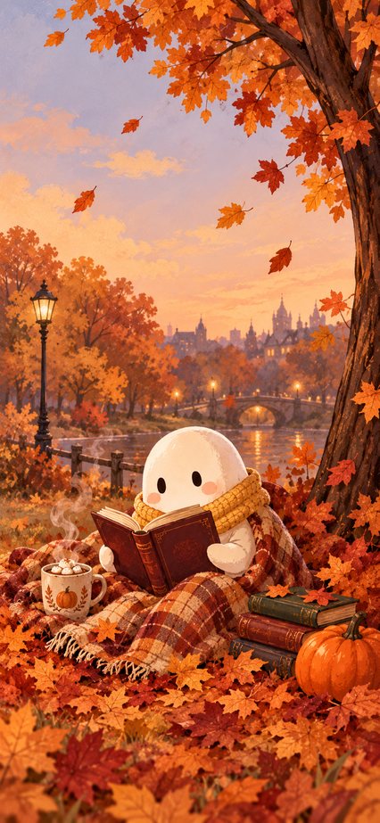 Little ghost reading in autumn leaves wallpaper