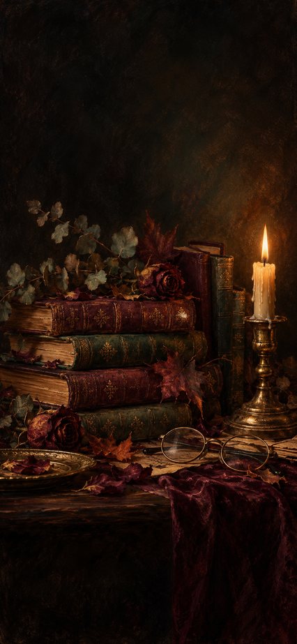 Dark academia books and candle wallpaper