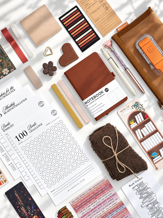 Your Chestnut DELUXE bookish gift box for book lovers - brown A6 notebook, book light, fuzzy socks, bookmarks and reading trackers