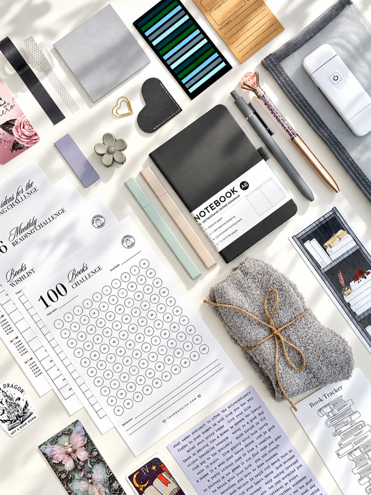 Your Cozy Fog DELUXE bookish gift box for book lovers - gray A6 notebook, book light, fuzzy socks, bookmarks and reading trackers