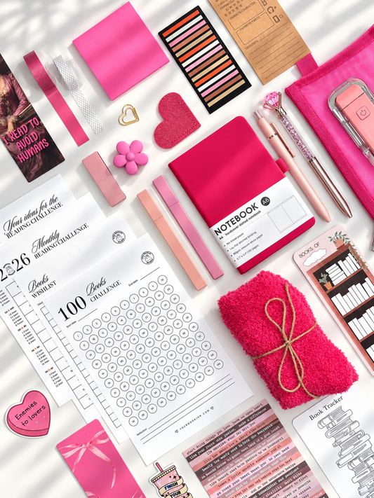 Your Hot Pink DELUXE bookish gift box for book lovers - pink A6 notebook, book light, fuzzy socks, bookmarks and reading trackers