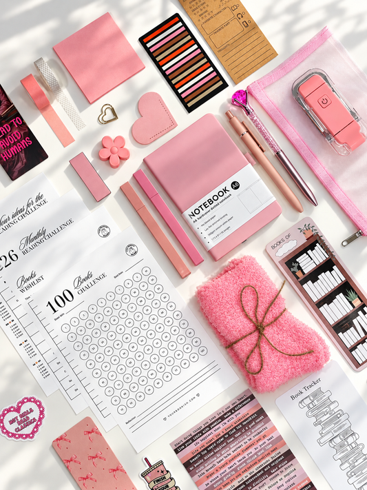 Your Rosé DELUXE bookish gift box for book lovers - pink A6 notebook, book light, fuzzy socks, bookmarks and reading trackers