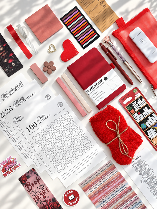 Your Strawberry DELUXE bookish gift box for book lovers - red A6 notebook, book light, fuzzy socks, bookmarks and reading trackers