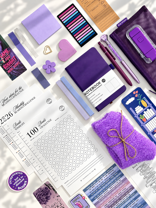 Your Twilight DELUXE bookish gift box for book lovers - purple A6 notebook, book light, fuzzy socks, bookmarks and reading trackers